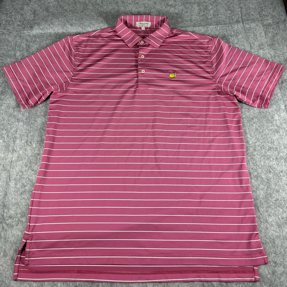 Masters Peter Millar Short Sleeve Pink White Striped Men's Golf Polo Sz L *Flaw*